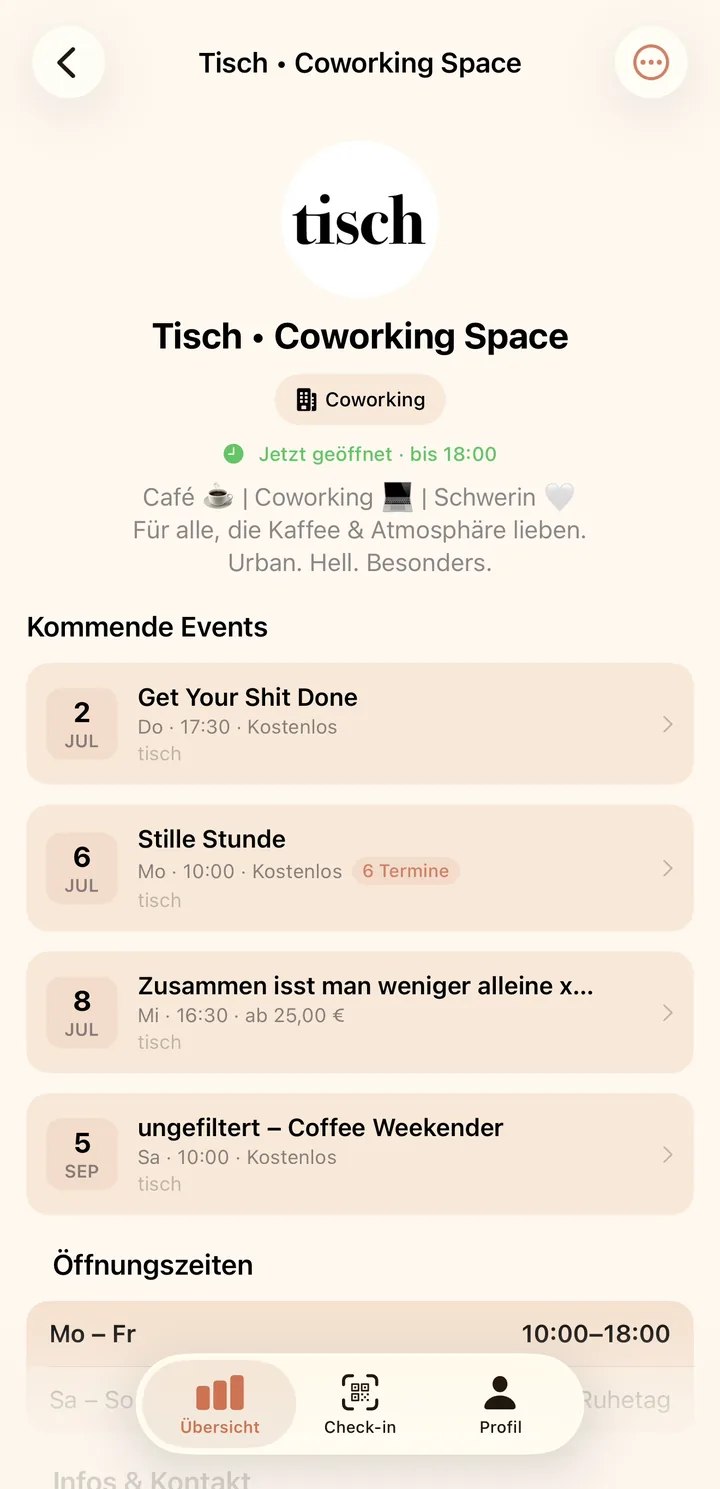 Lokl-App: Anbieter-Ansicht mit kommenden Events, Öffnungszeiten und Check-in