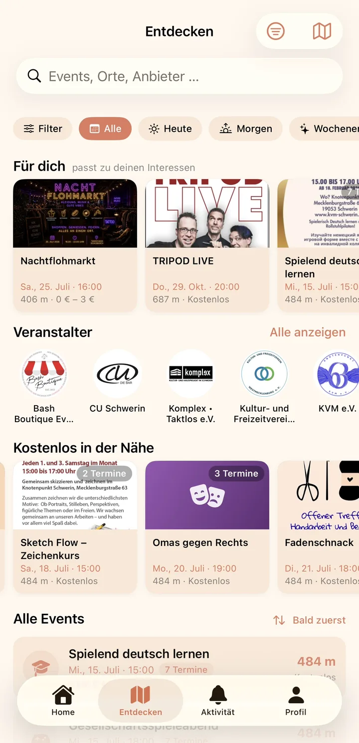 Lokl-App: Entdecken-Ansicht mit Suche, Filtern und Events in der Nähe