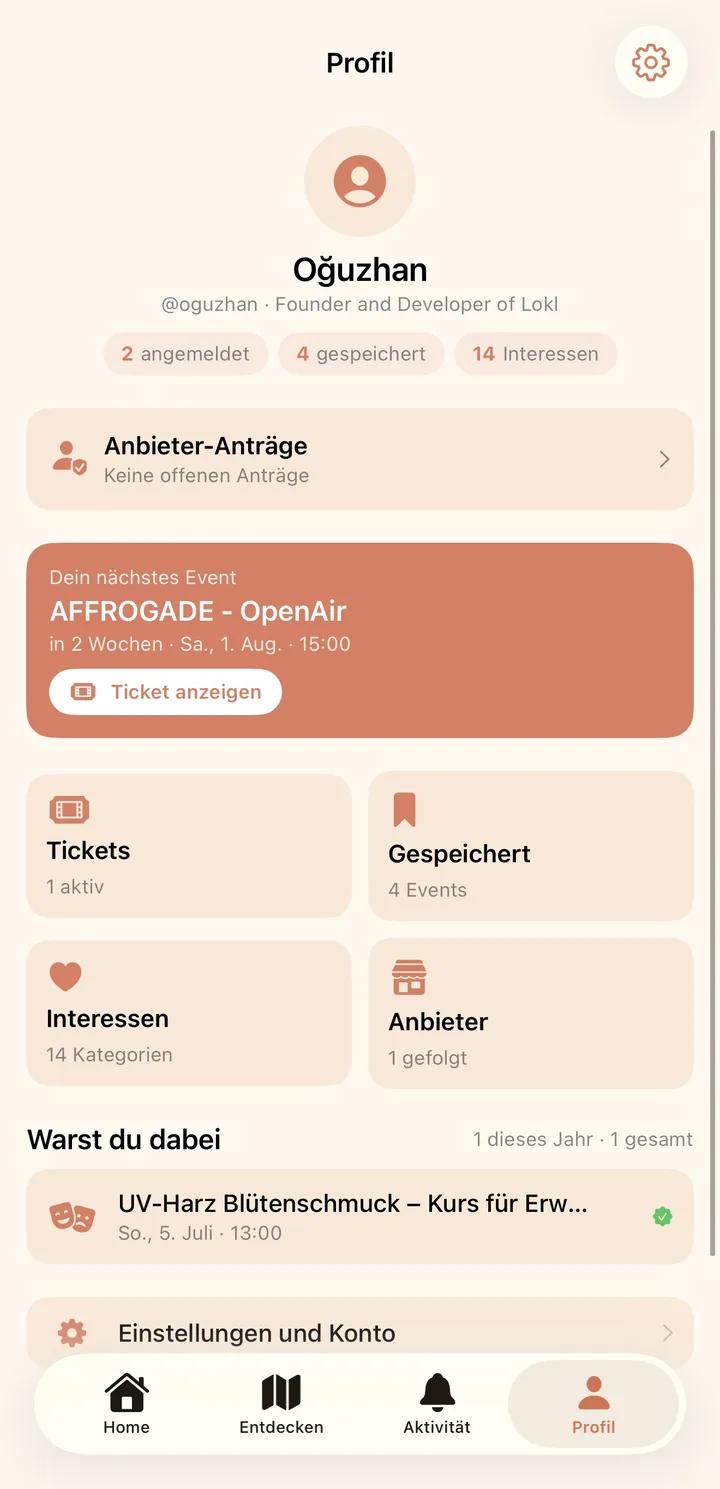 Lokl-App: Profil mit nächstem Event und QR-Ticket zum Vorzeigen